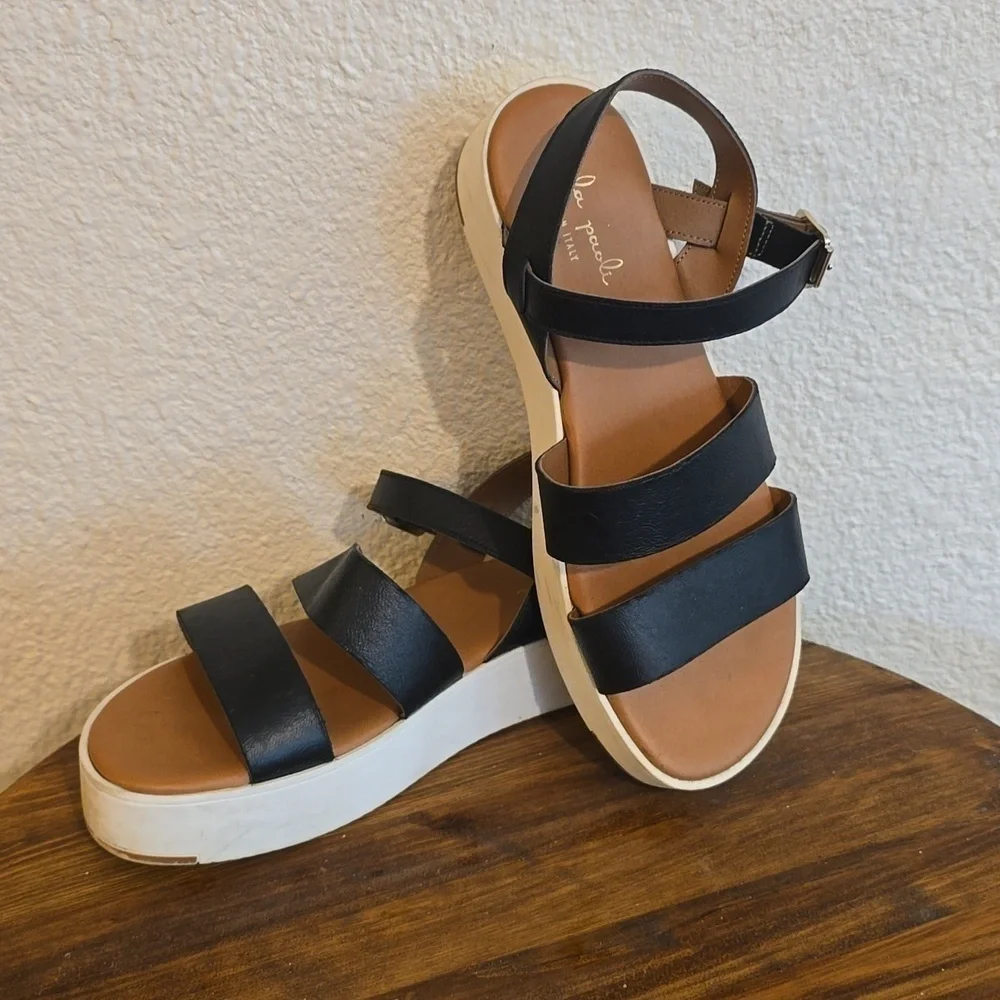Mila Paoli Womens Black Italian Leather Platform Sandals Strappy Neutral Sz.10.5